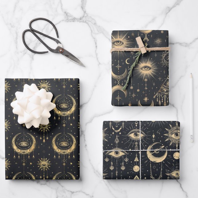 Mystical Gothic Arcane Black Gold Geschenkpapier Set (Vorderseite)