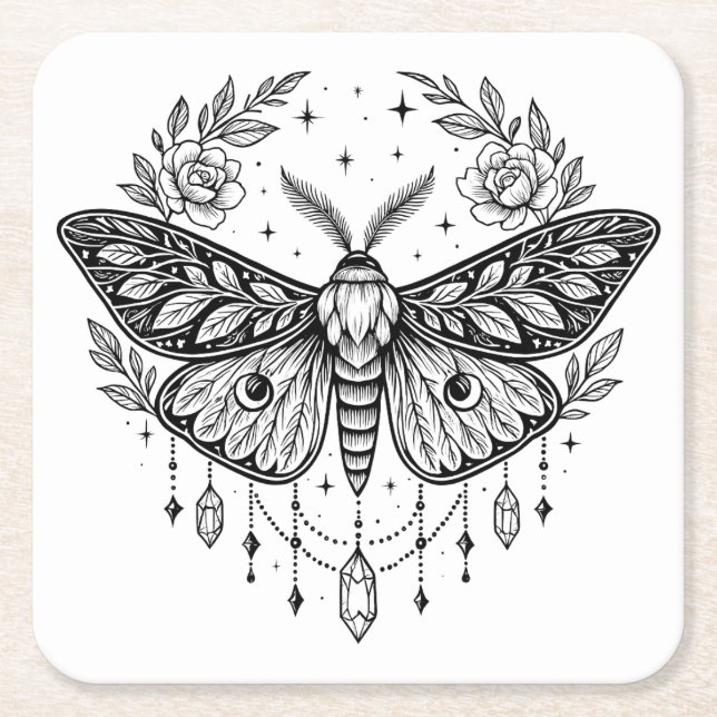 Mystical Gothic Moth Botanical Celestial Line Art  Rechteckiger Pappuntersetzer (Vorderseite)
