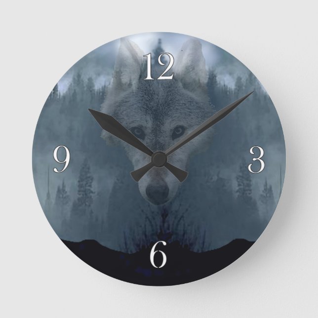 Mystical Gray Wolf Spirit Wildlife Art Clock Runde Wanduhr (Vorderseite)