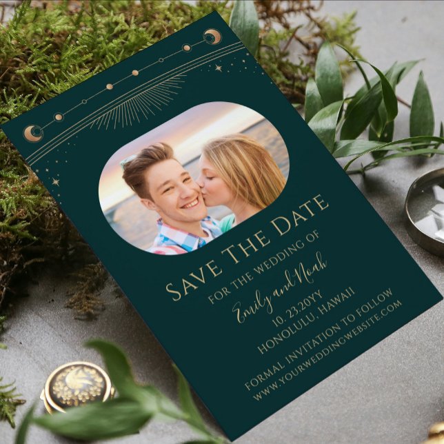 Mystical Green Gold Sun Moon Star Space Save The Date (Von Creator hochgeladen)