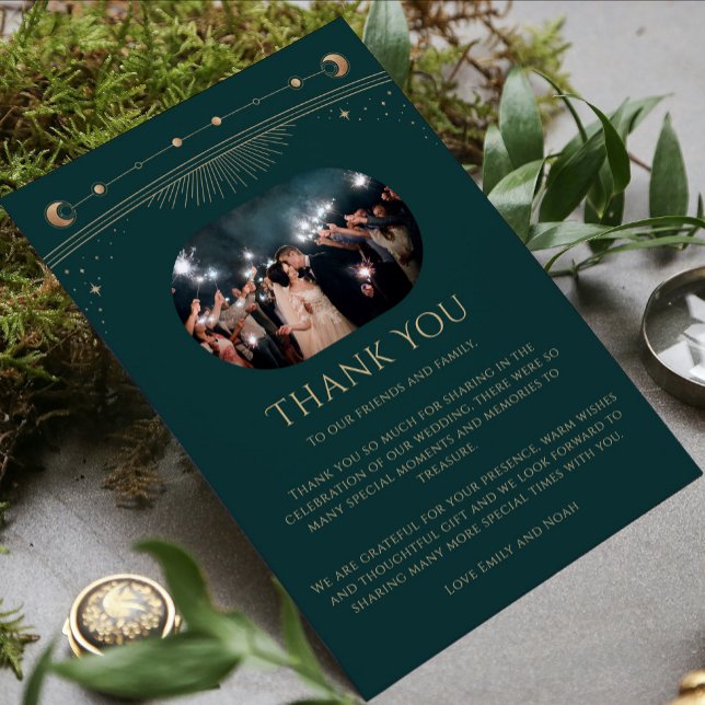 Mystical Green Gold Sun Moon Stars Foto Wedding Dankeskarte (Von Creator hochgeladen)