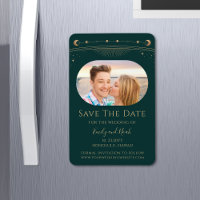 Mystical Green Gold Sun Moon Stars Save the Date
