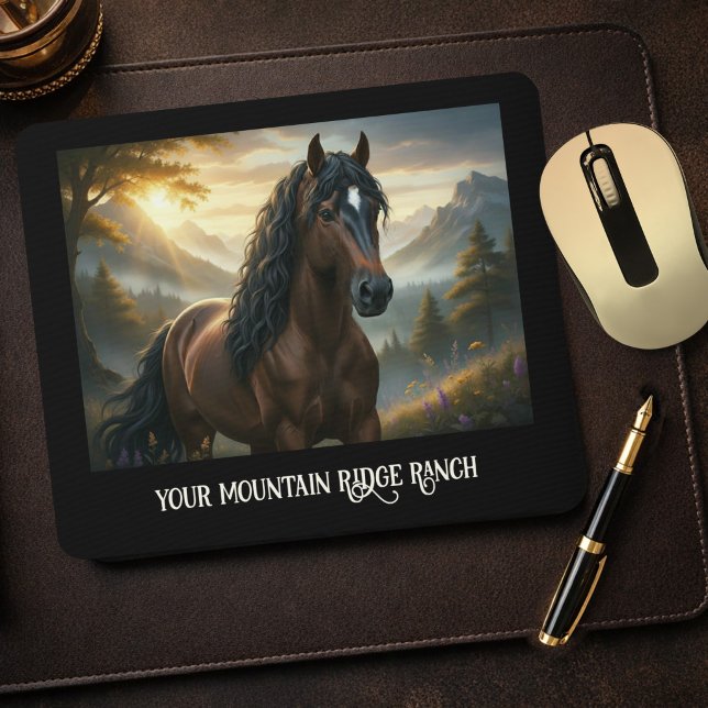 Mystical Horse Custom Name Mountain Ranch  Mousepad (Equestrian mouse pad featuring a unique painting of a horse in a mountain landscape at sunset)