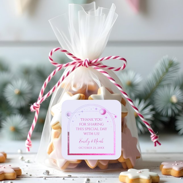 Mystical Lavender Pink Sun Moon Stars Hochzeit Quadratischer Aufkleber (Von Creator hochgeladen)