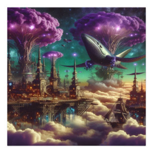 Mystical Lila Futuristic Fantasy City Fotodruck