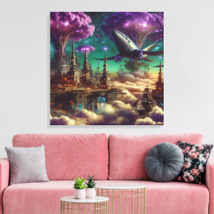 Mystical Lila Futuristic Fantasy City Leinwanddruck