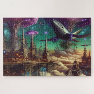Mystical Lila Futuristic Fantasy City Puzzle