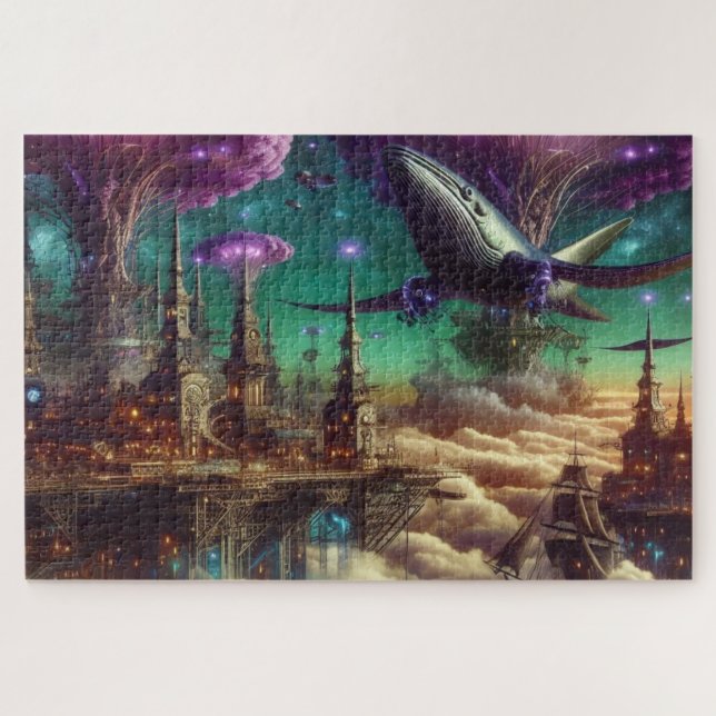 Mystical Lila Futuristic Fantasy City Puzzle (Horizontal)