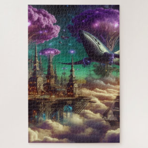 Mystical Lila Futuristic Fantasy City Puzzle