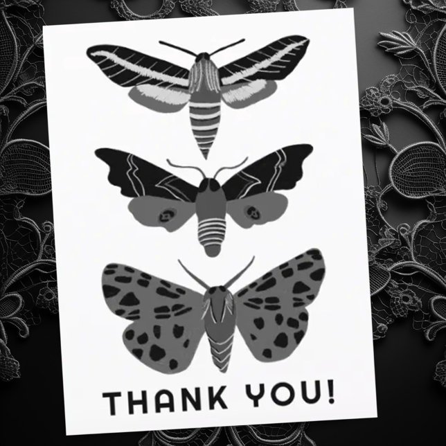 Mystical Magical Moths Black and White DANKE Postkarte (Gothic dark moths make a moody thank you card. customize with your own text)