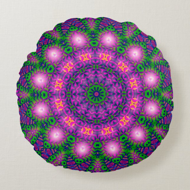 Mystical Mandala Green Lila Rundkissen Rundes Kissen (Vorderseite)