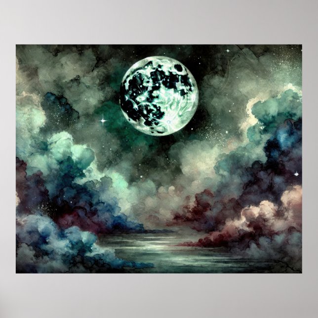 Mystical Moon Cosmic Clouds in Dreamlike Night Sky Poster (Vorne)