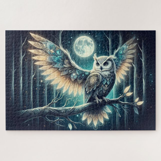 Mystical Moon Owl Celestial Forest Glow Puzzle (Horizontal)