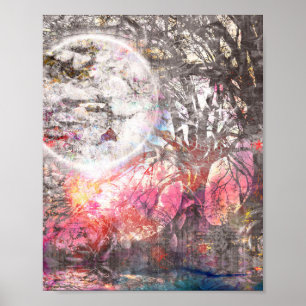 Mystical Moon Tree Fantasy Landschaft Art Print Poster