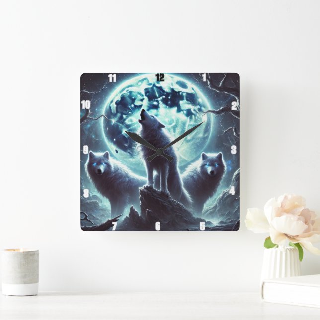 Mystical Moon Wolf Clock Quadratische Wanduhr (Zuhause)