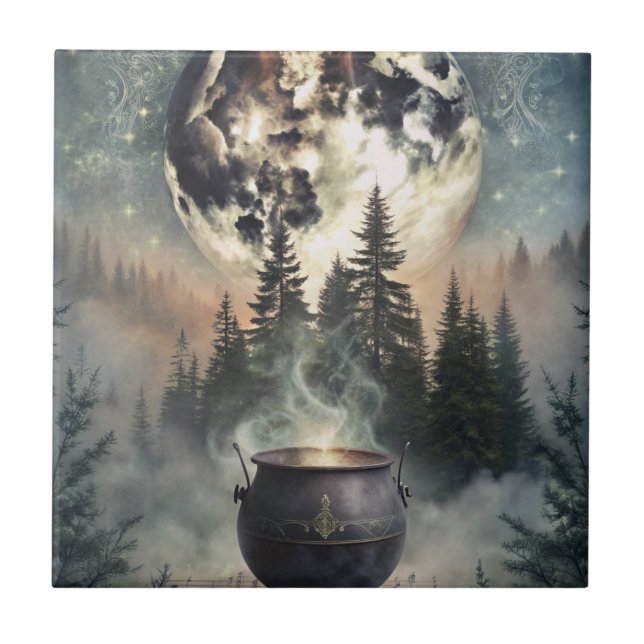 Mystical Moonlit Forest Cauldron - Hexchy Magic Ar Fliese (Vorderseite)