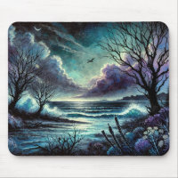 Mystical Moonlit Seascape mit Wellen und Bäumen