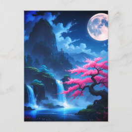 Mystical Moonlit Waterfall with Cherry -nature Postkarte