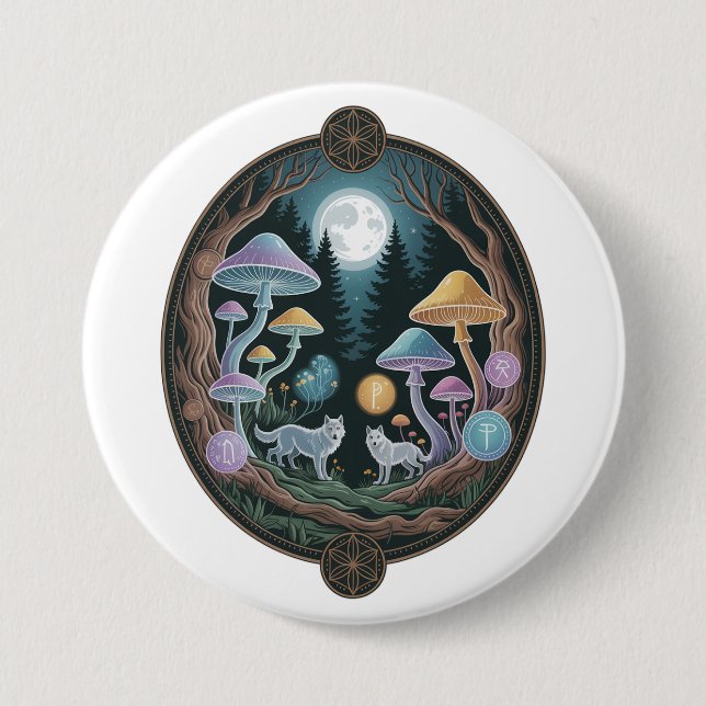 Mystical Moonlit Wolves in Enchanted Mushroom Fore Button (Vorderseite)