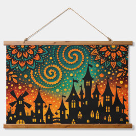 Mystical Night Castle Silhouette Wandteppich Mit Holzrahmen