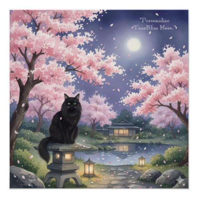 Mystical Night Sakura: Black Cat in Moonlit Japan Poster (Vorderseite)