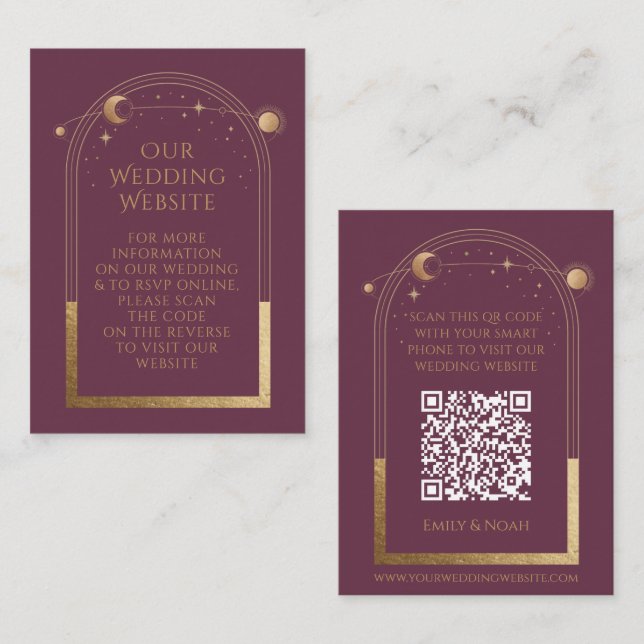 Mystical Plum Gold Wedding Website UAWG QR Code Begleitkarte (Vorne/Hinten)