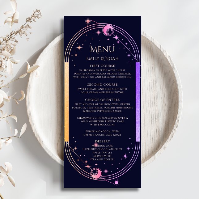 Mystical Rainbow Blue Sun Moon Stars Wedding Menükarte (Von Creator hochgeladen)