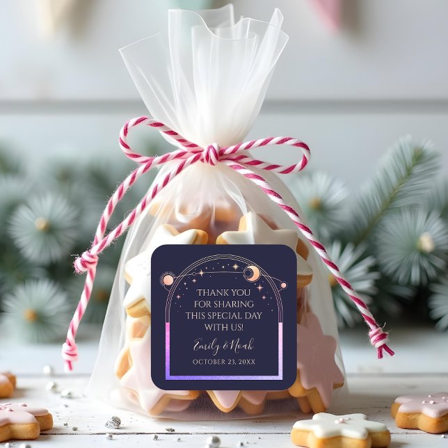 Mystical Rainbow Navy Blue Sun Moon Stars Hochzeit Quadratischer Aufkleber (Von Creator hochgeladen)