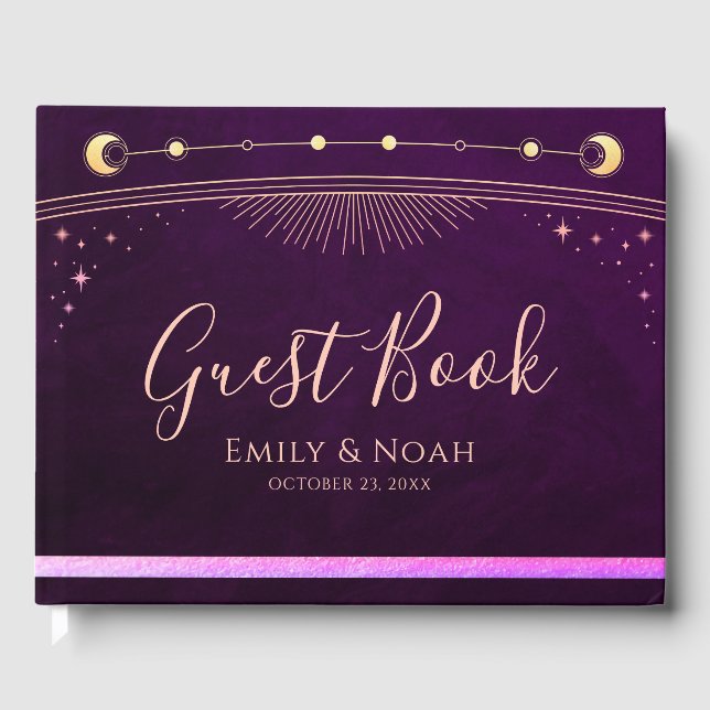 Mystical Rainbow Plum Sun Moon Stars Wedding Gästebuch (Vorderseite)