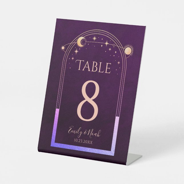 Mystical Rainbow Plum Sun Moon Stars Wedding Sockelschild (Vorderseite)