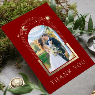 Mystical Red Gold Sun Moon Stars Foto Hochzeit Dankeskarte