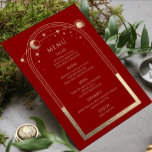 Mystical Red Gold Sun Moon Stars Hochzeit Menükarte<br><div class="desc">Mystical Dark Red Gold Sun Moon Stars Astronomie Galaxy Celestial Cosmic Space Wedding Menu Karten bietet eine goldene Sonne, Mond und Sterne Rahmen auf einem dunkelroten Hintergrund mit Ihren Menüdetails in der Mitte in Gold Kalligraphie Skript. Personalisieren Sie den Text durch Bearbeiten in den bereitgestellten Textfeldern. Für Sie entworfen von...</div>