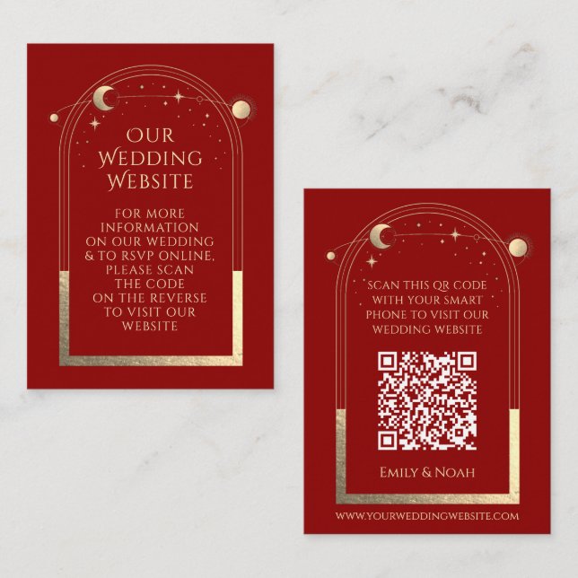 Mystical Red Gold Wedding Website UAWG QR Code Begleitkarte (Vorne/Hinten)