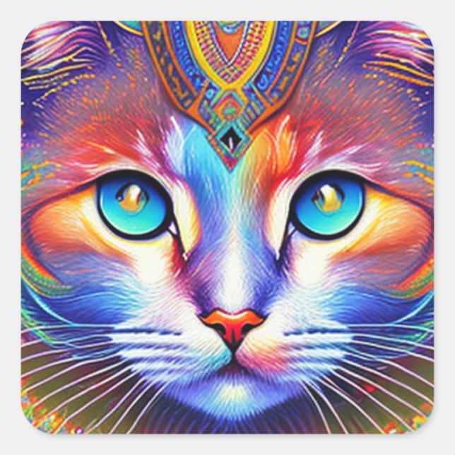 Mystical Royal Colorful Cat Quadratischer Aufkleber (Vorderseite)