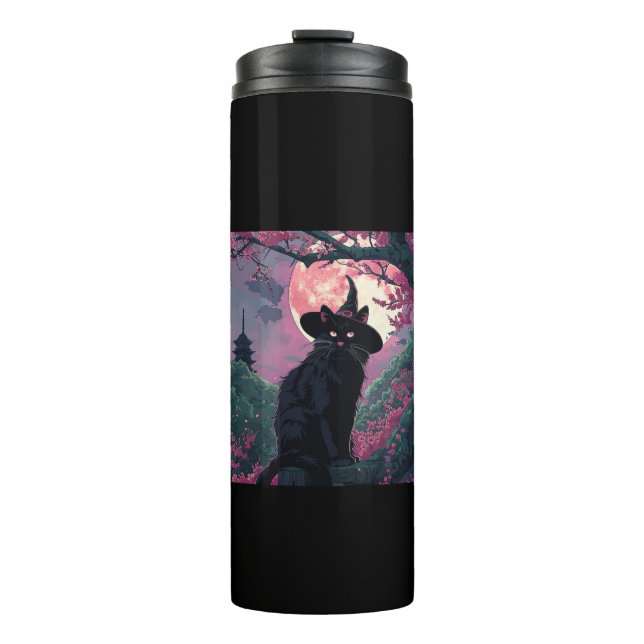 Mystical Sakura Black Cat Hexenhut zu Halloween Thermosbecher (Vorderseite)