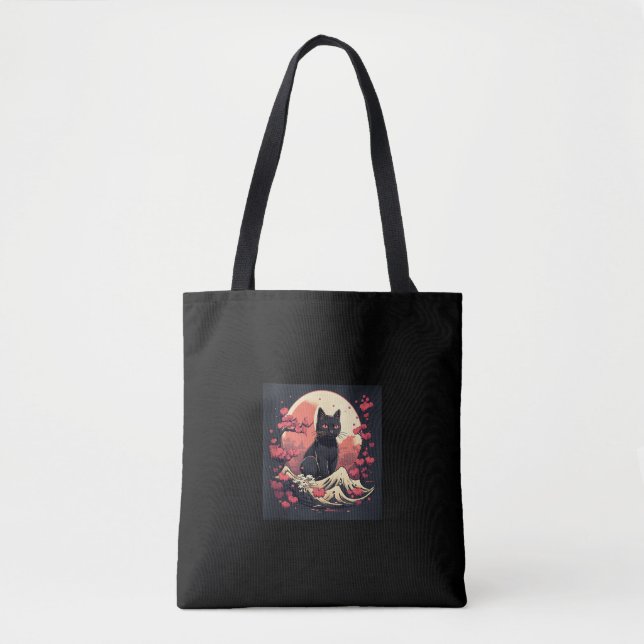 Mystical Sakura Night_ Schwarze Katze mit Vollmond (Vorderseite)