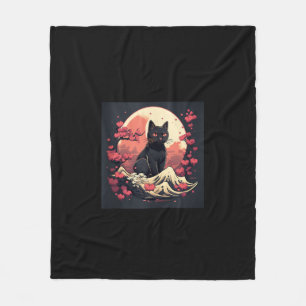 Mystical Sakura Night_ Schwarze Katze mit Vollmond Fleecedecke