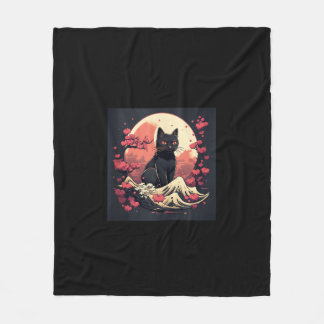 Mystical Sakura Night_ Schwarze Katze mit Vollmond Fleecedecke