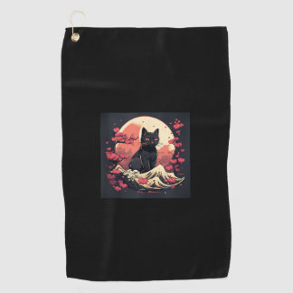 Mystical Sakura Night_ Schwarze Katze mit Vollmond Golfhandtuch