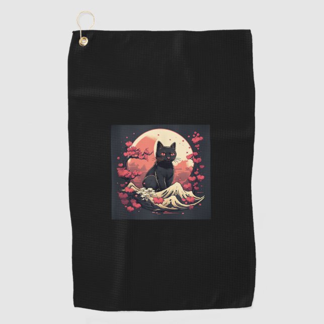 Mystical Sakura Night_ Schwarze Katze mit Vollmond Golfhandtuch (Vorderseite)