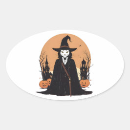 Mystical Salem Black Cat mit Pumpkins Ovaler Aufkleber