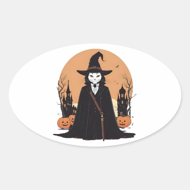 Mystical Salem Black Cat mit Pumpkins Ovaler Aufkleber (Vorderseite)