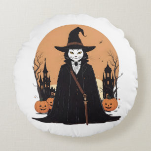 Mystical Salem Black Cat mit Pumpkins Rundes Kissen