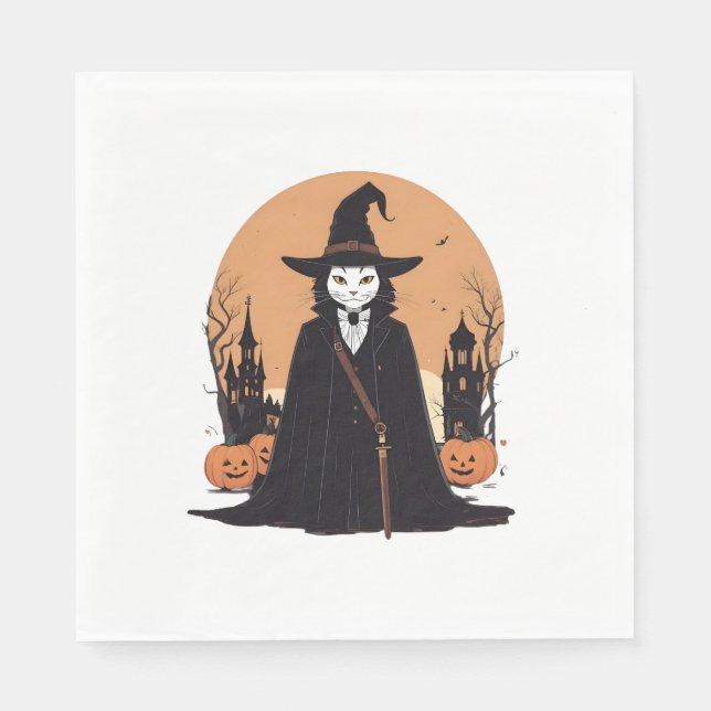 Mystical Salem Black Cat mit Pumpkins Serviette (Vorderseite)