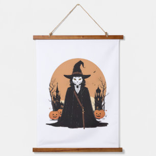 Mystical Salem Black Cat mit Pumpkins Wandteppich Mit Holzrahmen