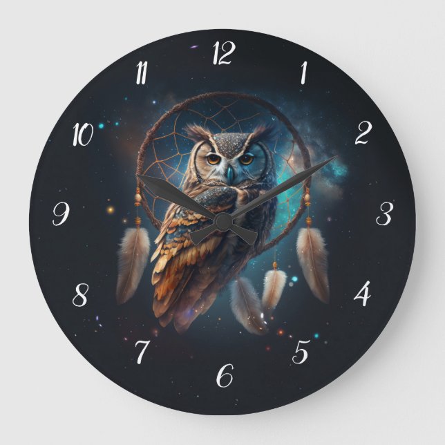 Mystical Space Owl with Dreamcatcher Art       Große Wanduhr (Vorderseite)