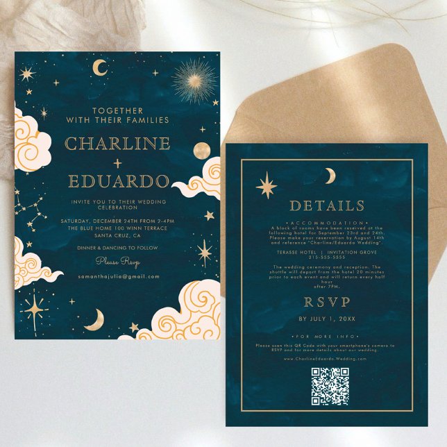 Mystical Stars Moon Celestial Qr Code Hochzeit Einladung (Von Creator hochgeladen)