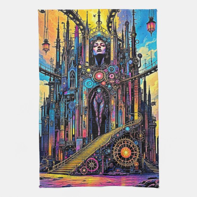 Mystical Steampunk Cathedral Geschirrtuch (Vertikal)
