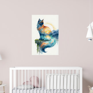 Mystical Sunset Cat Double Exposure Watercolor Poster