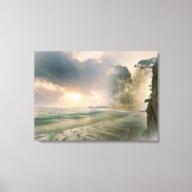 Mystical Sunset on Beach Ocean Cliff Scene Artwork Leinwanddruck (Vorderseite)